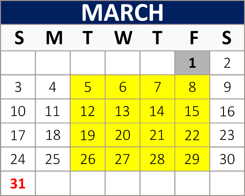 March Block Calendar